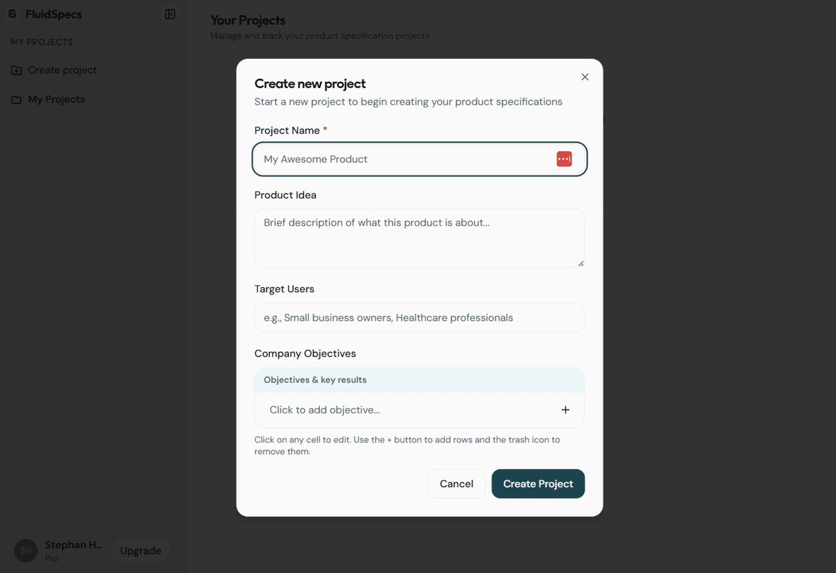 FluidSpecs Create new project modal