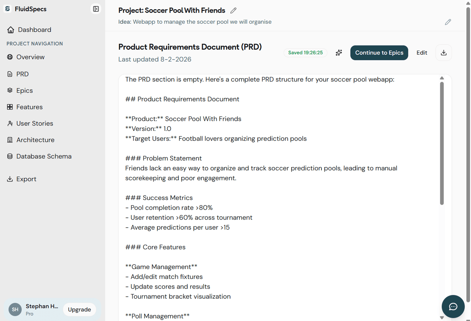 FluidSpecs PRD view with edit
