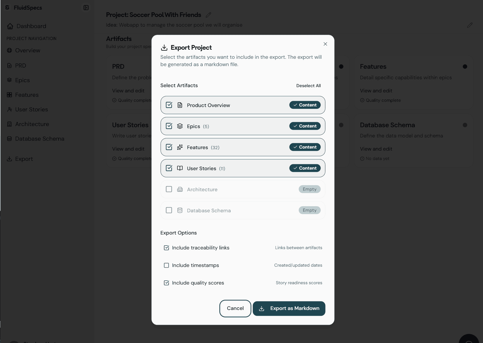 FluidSpecs Export Project modal with artifact selection