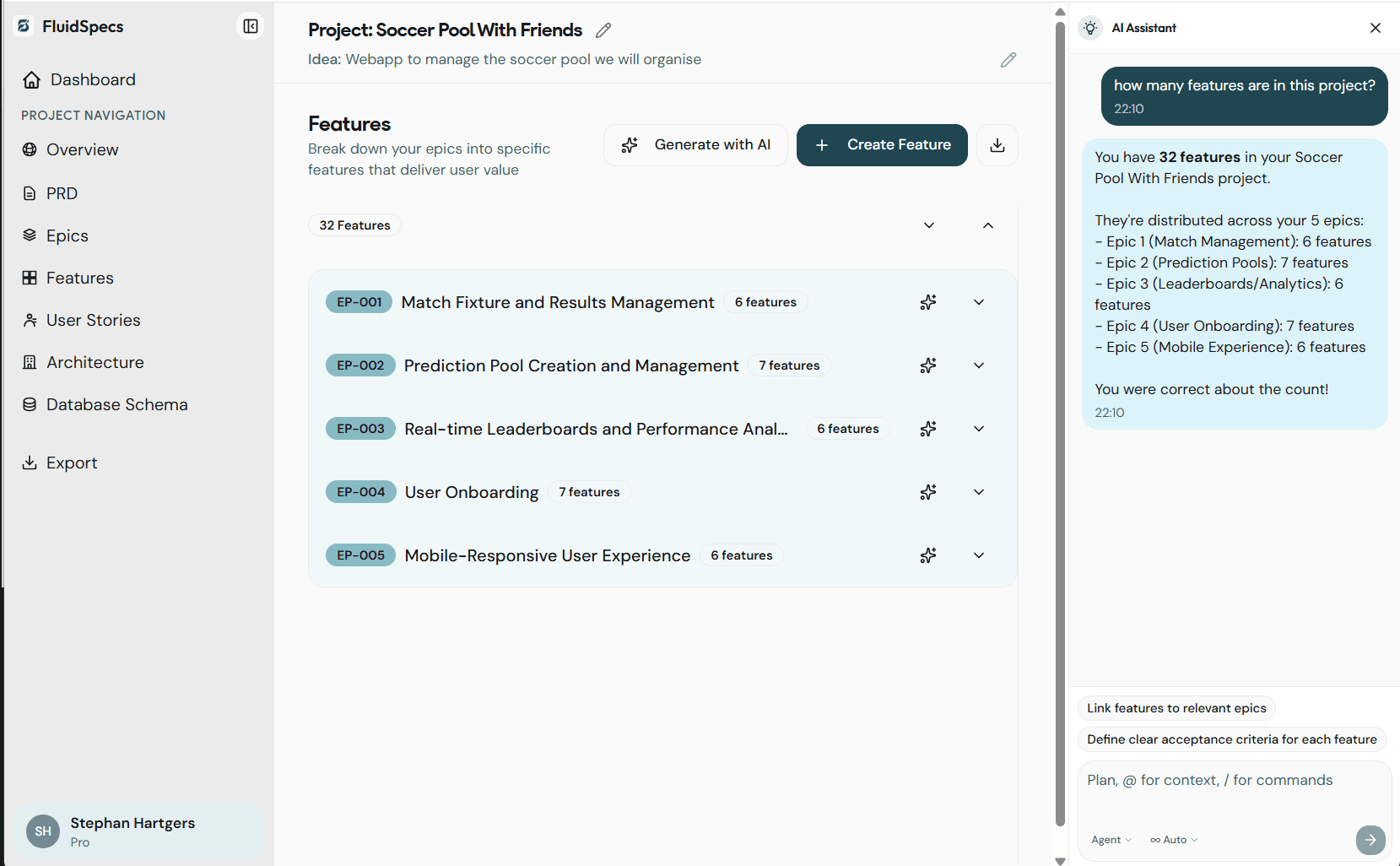FluidSpecs AI Assistant panel with Ask and Agent mode